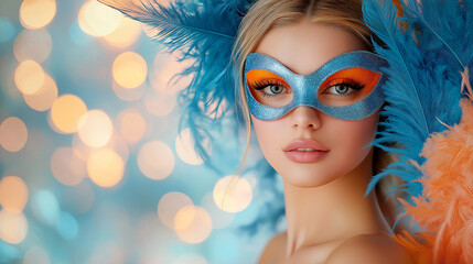 Obraz premium stunning woman wearing vibrant blue mask and colorful feathers, showcasing captivating expression against blurred background of soft bokeh lights