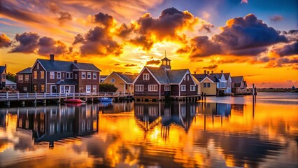 Fototapeta premium Nantucket Harbor Sunset Silhouette Photography: Island Houses at Golden Hour
