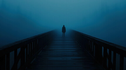 Lone Figure Silhouetted on a Foggy Bridge Surrounded by Mystical Shadows