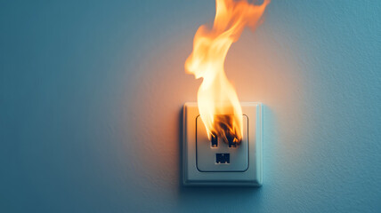 Electrical Outlet on Fire with Flames Rising from Plug Insert in Dark Room Setting