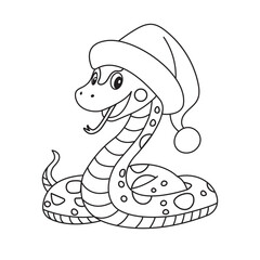 Coloring book for kids cute snake in a Christmas hat isolated on a white background. The symbol of the 2025 new year.