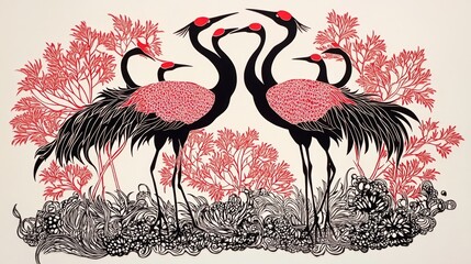 Obraz premium Artistic depiction of elegant cranes nature scene graphic illustration serene environment close-up view cultural symbolism