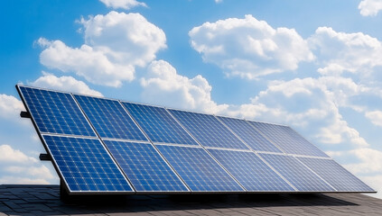 Solar panels on modern house roof under bright blue sky with clouds. This showcases renewable energy technology and sustainable living