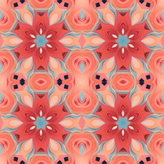 Patrón sin costuras Original. Colores. Formas. Estampa. Textura. Fondo. Caleidoscopio. Simétrico. Infinito. Rojo. Cálido