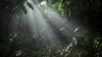 Fototapeta premium Sunlight beams through dense jungle foliage.