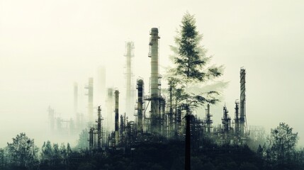 Fototapeta premium Foggy industrial landscape with oil refineries mysterious atmosphere nature meets industry surreal viewpoint