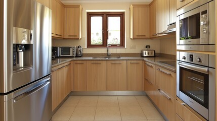 Fototapeta premium Modern kitchen with stainless steel appliances and light wood cabinets.