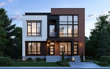 A modern family house with two floors, designed in a white and brown color scheme with large windows, surrounded by green trees and set against a clear sky during the blue hour