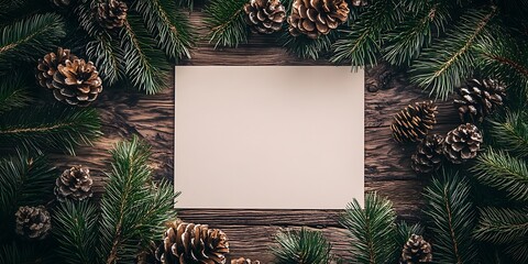 Blank card framed by pine branches and cones
