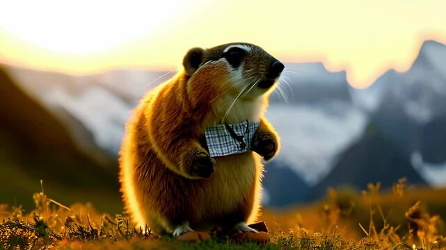 A cute fluffy marmot crawled out of its hole among the mountains and rocks on a sunny spring day. zoom in, zoom out, pan or make 360 photo, animate, pan right