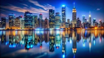 Fototapeta premium Night City Skyline Reflection, Urban Nightscape, Cityscape Photography, Dark City, Water Reflection