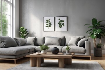 wooden coffee tables with plant in pot in front of grey corner sofa in fashionable living room interior,