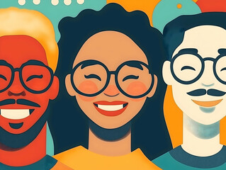 A vibrant illustration featuring three smiling individuals with glasses, showcasing diversity and joy through colorful artwork.