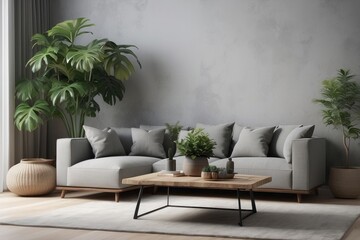 wooden coffee tables with plant in pot in front of grey corner sofa in fashionable living room interior,