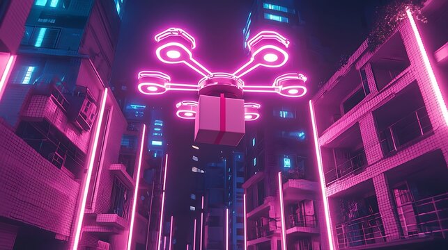 Pink neon drone delivers gift in futuristic city at night.