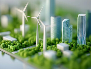 A miniature model of a sustainable city with wind turbines, green spaces, and modern skyscrapers, showcasing eco-friendly urban development.