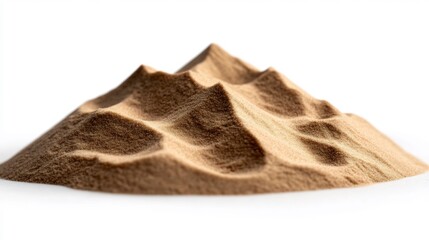 Close-up of a pile of sand shaped like a mountain range, isolated on a white background. The sand's texture and form are highlighted.