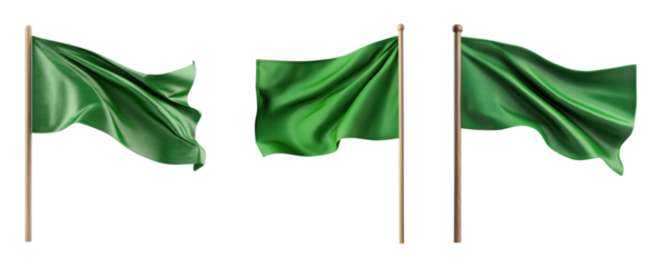 Three flowing green flags on poles