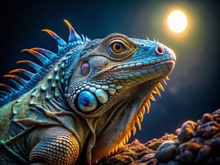 Fototapeta premium Night Iguana Photography: Stunning Reptile Images, Dark Green Scales, Nocturnal Wildlife, Creepy Crawly, Lizard, Tropical Night