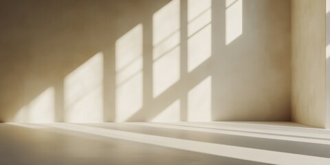 Soft sunlight creates geometric shadows on a minimalist beige wall, highlighting the serene and modern interior design.
