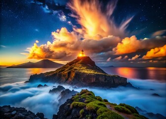 Fototapeta premium Night Island Mountaintop Tower Cloudscape - Macro Photography, Epic Night Scene, Dramatic Landscape