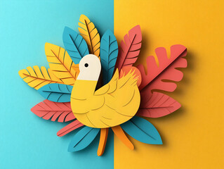 A cheerful, yellow duck surrounded by colorful paper leaves on a vibrant blue and yellow background.