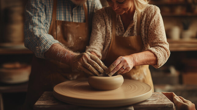 Senior couple enjoying a pottery wheel session, hands intertwined shaping clay, warm studio lighting