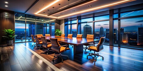 Fototapeta premium Night Office Meeting Room, Empty Conference Room at Night, Dark Corporate Meeting Space, Deserted Office Interior, Nighttime Business Setting, Alone in Office After Hours