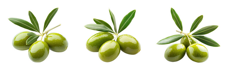 Obraz premium Fresh green olives with leaves on a black background