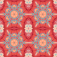 Patrón sin costuras Original. Colores. Formas. Estampa. Textura. Fondo. Caleidoscopio. Simétrico. Infinito. Rojo. Cálido