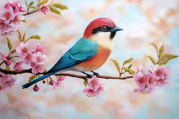 beautiful colorful bird perched on flowering branch, surrounded by pink blossoms. vibrant plumage features shades of blue, red, and orange, creating stunning visual against soft background