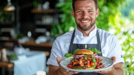 Smiling chef presenting a large gourmet burger on a plate.
