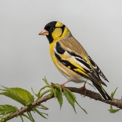Obraz premium A goldfinch perched on a single leaf, its yellow and black feathers contrasting sharply with the white background.