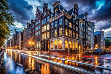 Fototapeta premium Night Photography: Grey Building Facade, Urban Architecture, Cityscape, Dark Night, Building Exterior, Modern Architecture, Night Scene, Long Exposure, City Lights, Architectural Photography