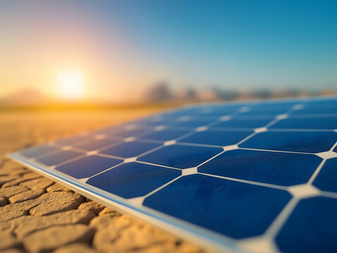 A close-up of a solar panel glistening in sunlight, set against a dry landscape, symbolizing renewable energy and sustainability.