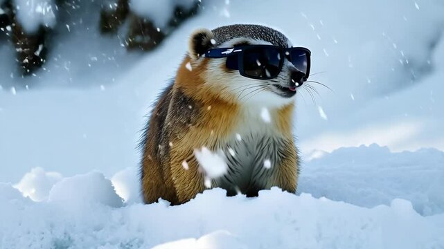 A cute, fluffy marmot crawled out of his hole wearing sunglasses among the white snow on a sunny day. zoom in, zoom out, pan or make 360 photo, animate, pan right