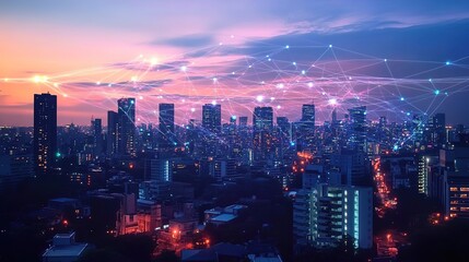 A city skyline at dusk, with glowing blue network connections linking buildings and streets, symbolizing the integration of smart technology in urban life. 