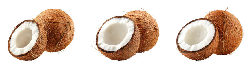 Fresh coconuts cut open revealing white flesh