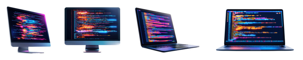 Multiple computers displaying vibrant code on screens