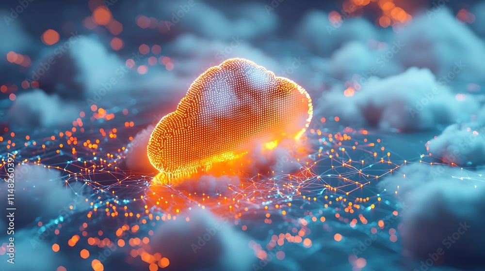 Poster Glowing cloud computing network symbol in digital space.
