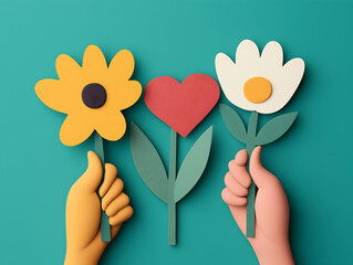 Colorful paper flowers and a heart held by hands against a teal background, symbolizing love and nature.