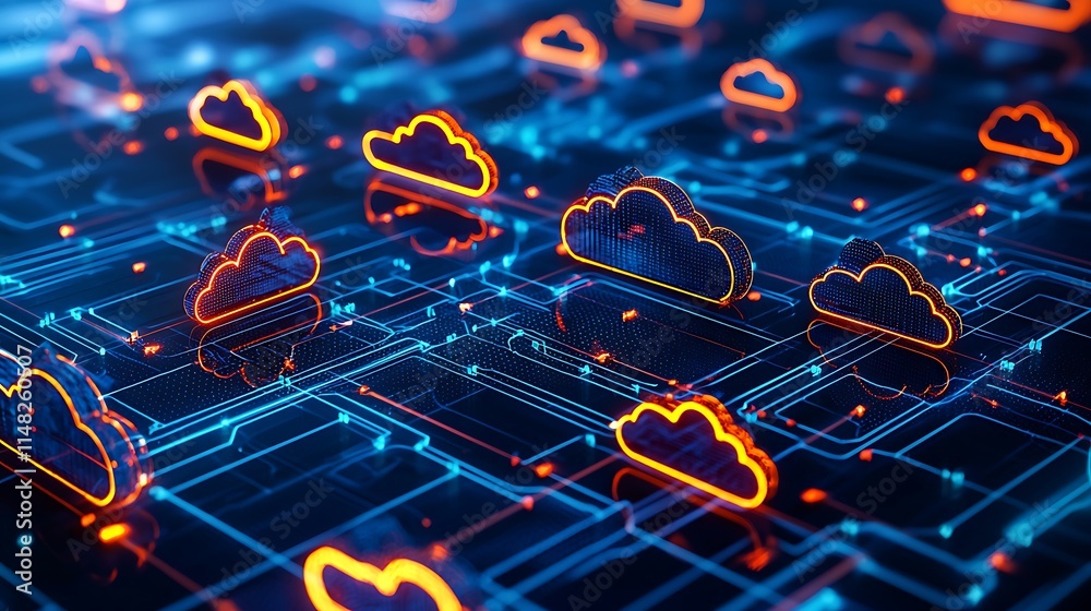 Poster Cloud computing network, digital data storage, server infrastructure.