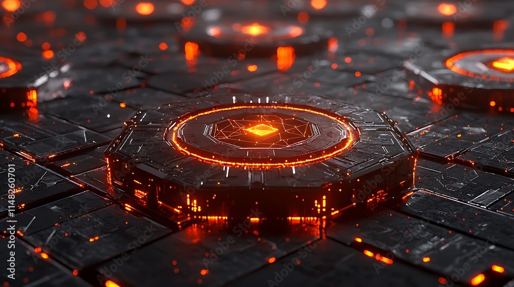 Poster futuristic glowing hexagonal tech surface.