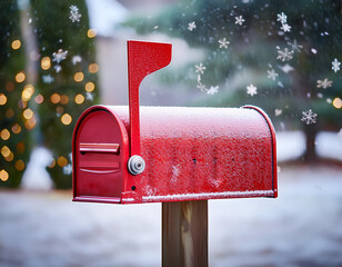Snowflakes gently falling on a red holiday-themed mailbox, evoking a nostalgic Christmas morning vibe.