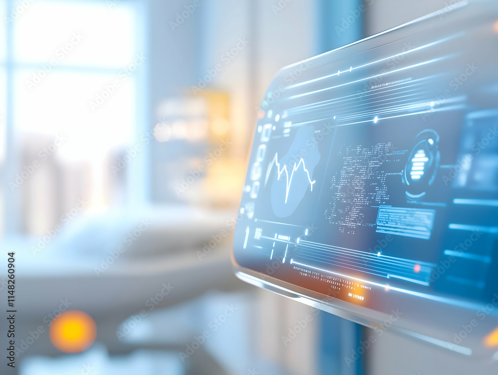 Poster a futuristic interface displays data and analytics in a modern room, blending technology with a comf