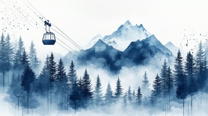 Ski lift in the mountains in watercolors