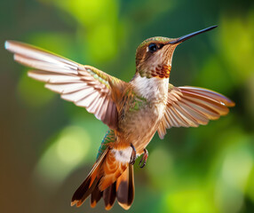 Fototapeta premium Vibrant Hummingbird in Flight Against Lush Green Background - Perfect Nature Photograph for Bird Enthusiasts and Wildlife Photography Collections