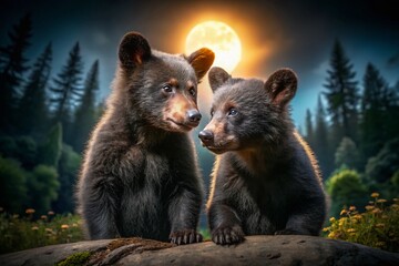 Obraz premium Night Photography Black Bear Cubs - Wildlife Photography Dark Forest Animals Cute Baby Bears