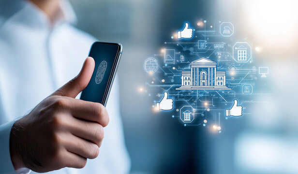 businessman holds smartphone, showcasing digital icons representing banking and technology. image conveys innovation and connectivity in finance