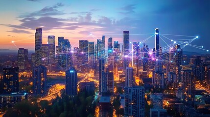 A city skyline at dusk, with glowing blue network connections linking buildings and streets, symbolizing the integration of smart technology in urban life. 